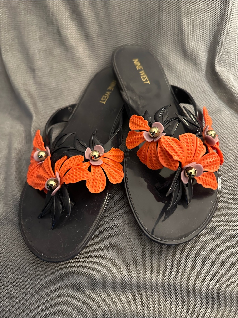 Nine West Navy Slide Sandals with Orange Floral Embellishments
